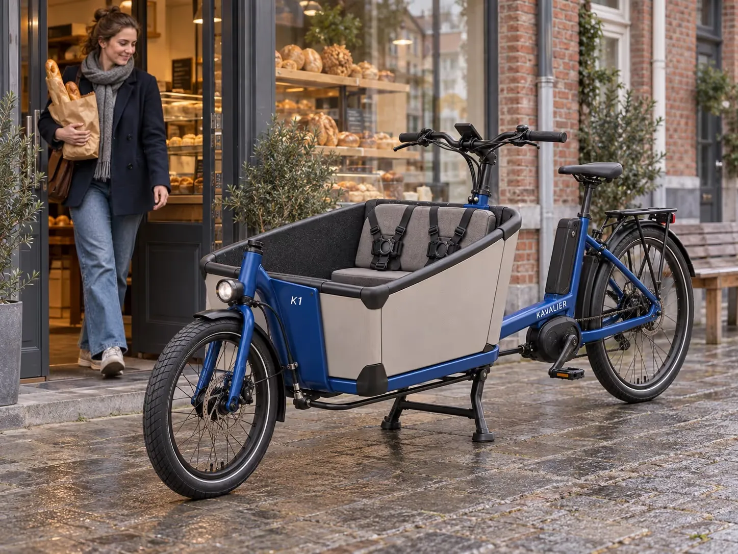 Le K1 garé devant une boulangerie, sans voiture